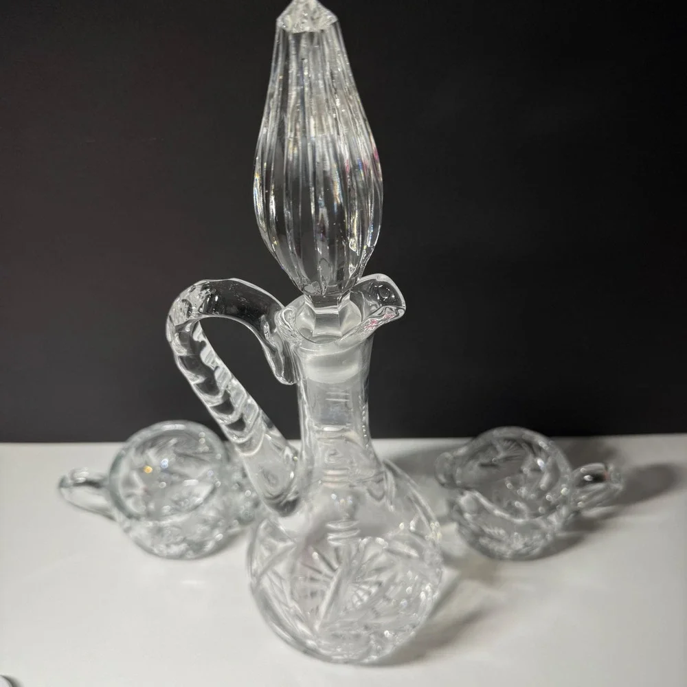 American Brilliant Vintage Pinwheel Cut Crystal Decanter Set Creamer Sugar Bowl